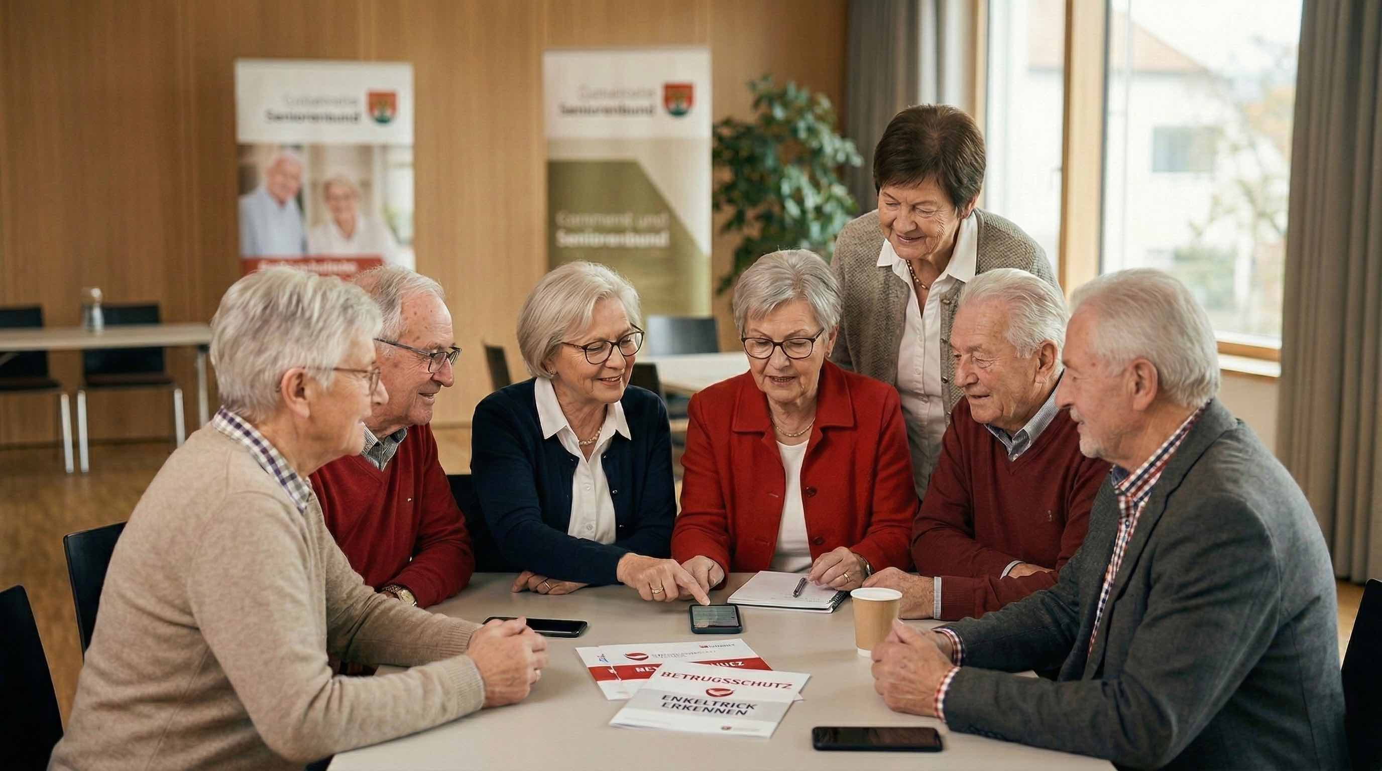 Eine Gruppe österreichischer Pensionisten sitzt selbstbewusst im Gemeindesaal nach dem Vortrag zusammen und  redet über das was sie gelernt haben.