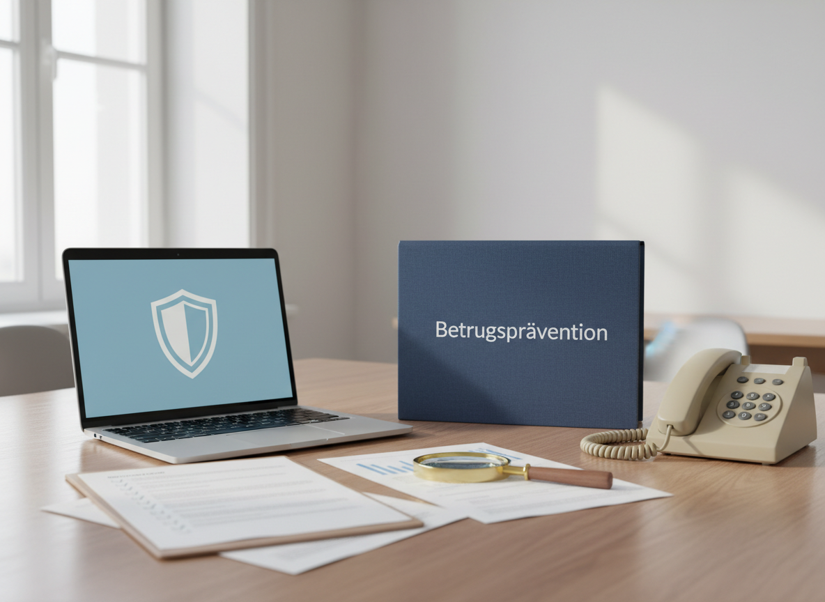 A neatly arranged wooden office desk with a prominently placed dark blue folder labeled “Betrugsprävention” in clear, modern typography, lying next to a sleek silver laptop displaying a simple security shield icon on its screen. Around it are printed checklists, a magnifying glass resting on a document, and a classic landline telephone with clearly visible buttons. The scene is set in a bright, minimalist office with neutral walls and a large window. Soft daylight streams in, creating gentle reflections on the laptop and subtle shadows across the papers. Photographic realism, eye-level composition with moderate depth of field, calm and professional atmosphere tailored to a fraud prevention consultancy website.