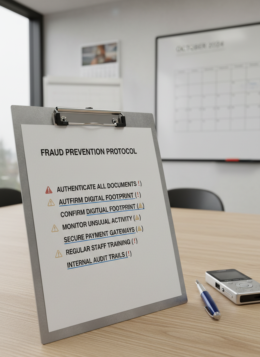 A close-up of a meticulously designed fraud-prevention checklist clipped to a sturdy metal clipboard on a light oak table. Each bullet point is printed in large, legible type with small warning icons in muted red and amber, and certain lines are underlined in blue for emphasis. Beside the clipboard lies a high-quality fountain pen and a small digital voice recorder. The background shows a softly blurred interior of a modern meeting room with a whiteboard and a wall calendar. Illuminated by diffused overcast daylight from an unseen window, the composition is shot from a slightly elevated angle in photographic realism, conveying clarity, reliability, and structured knowledge transfer.