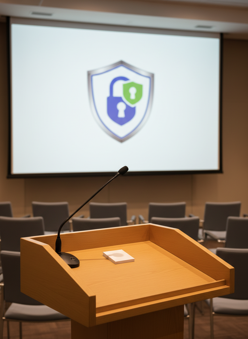 An elegant conference podium made of light wood with a built-in microphone and a small stack of neatly arranged note cards, standing in front of a simple projection screen that displays a stylized lock and shield graphic. Rows of empty, upholstered chairs in muted gray tones stretch into the softly blurred background, suggesting an upcoming lecture. Warm, indirect ceiling lighting creates an even, welcoming illumination with gentle shadows beneath the chairs and podium base. Captured from an eye-level, slightly off-center angle following the rule of thirds, in clean, photographic realism, the mood is professional and anticipatory, ideal to represent expert talks on fraud prevention for organizations.